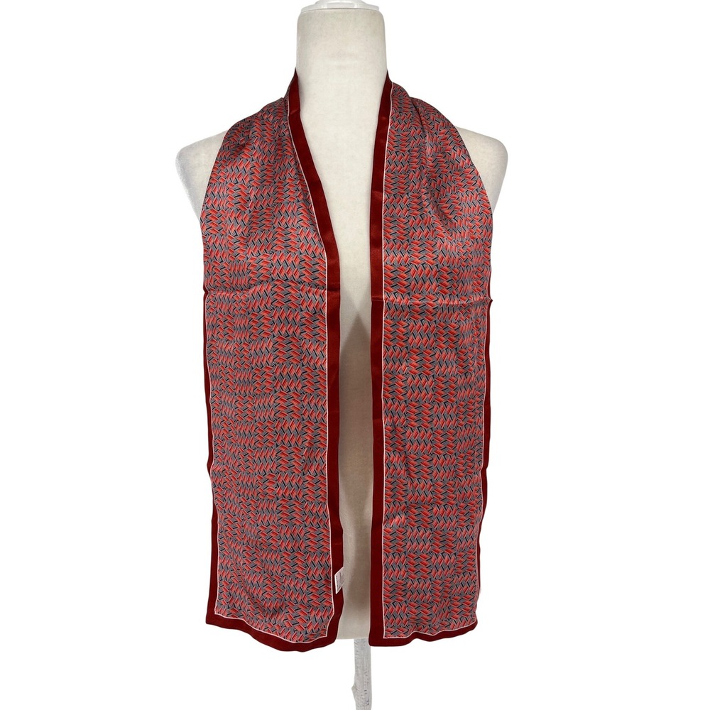 Unbranded 100% Silk Geometric Basketweave Skinny Scarf Red Grey Black 58 x 7 cm